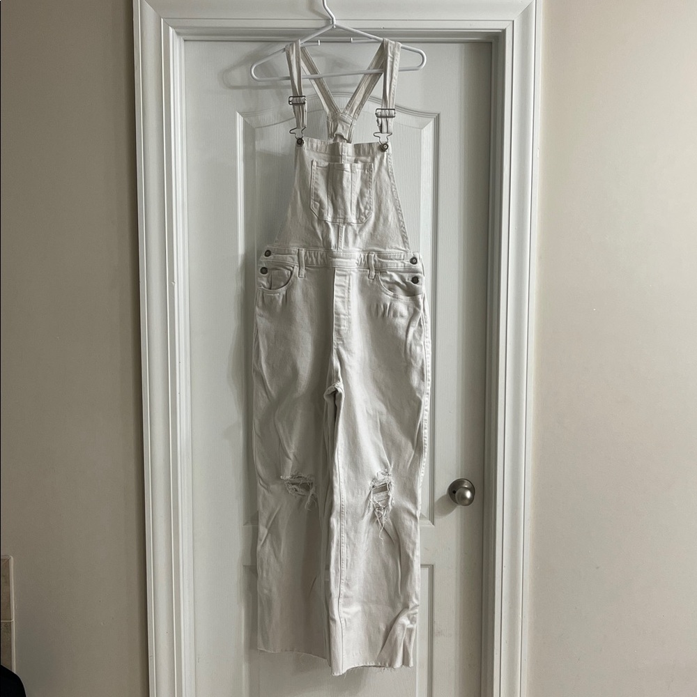 OVERALLS Hollister White High Rise Vintage Denim Overalls Size L Distressed Y2K